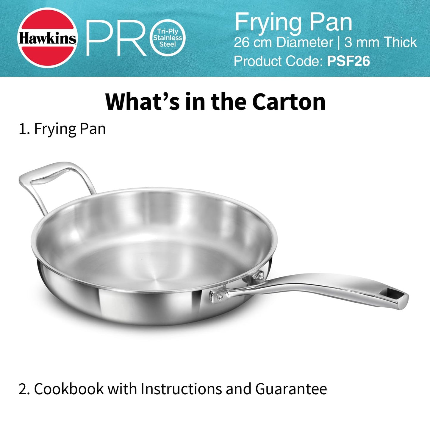 Hawkins Pro 26 cm Frying Pan, Triply Stainless Steel Fry Pan with Stainless Steel Handle, Silver (PSF26)