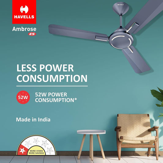Havells 1200Mm Ambrose Es Ceiling Fan|Premium Finish,Decorative Fan,Elegant Looks,High Air Delivery,Energy Saving,100% Pure Copper Motor|2 Year Warranty By Brand|(4 stars,Pack Of 2,Nickel Saphire)