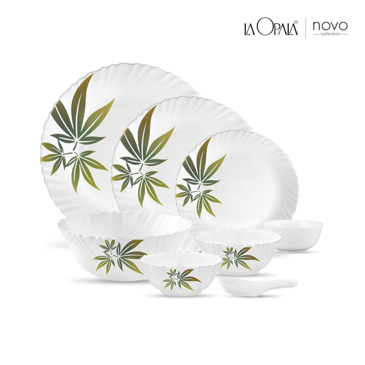 La Opala Novo Collection Opal Glass Crockery | for Family of 6 | Dinner Set 35 pcs Trinty Green | Plates & Bowls for Dining | Microwave Safe | 100% Vegetarian | Extra Strong | Light & White