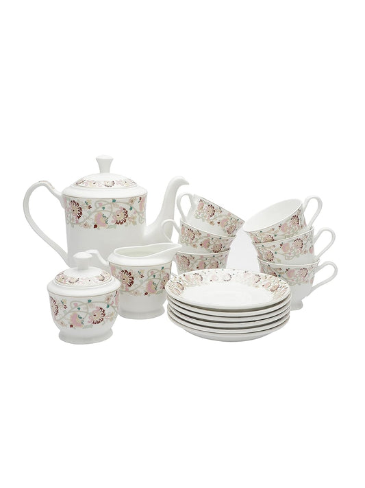 Clay Craft Fine Ceramic Tea Set of 15 (1 Tea Pot with Lid +6 Cups+6 Saucers +1 Milk Pot + 1 Sugar Pot) Can be Gifted to Any Ocassion to Your Loved Ones (Design 1 - Floral)