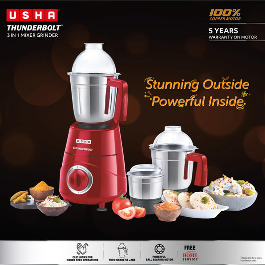 USHA Thunderbolt 800-Watt Copper Motor Mixer Grinder with 3 Jars and 5 Years Motor Warranty(Red)