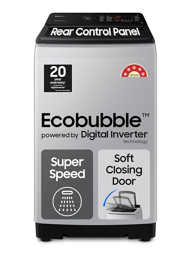 Samsung Smart Choice 10 Kg, 5 Star, AI Wash, Ecobubble, AI Energy Mode, AI VRT+, Soft Closing Door, Wi-Fi, Digital Inverter, Fully-Automatic Top Load Washing Machine (WA80F10E2LTL, Lavender Gray)