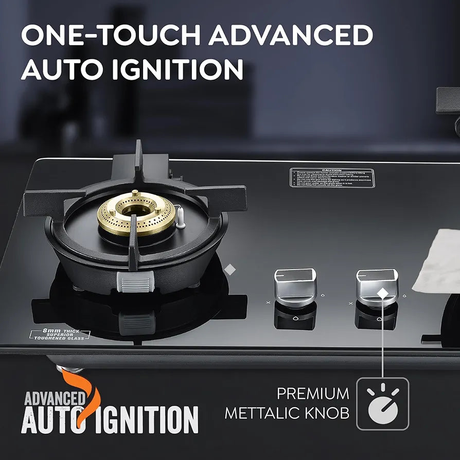 Prestige Svachh Efficia 02AI Hob LP Gas Table|One Touch Advanced Auto Ignition| 8mm Thick superior Toughened Glass|Cast Iron Pan Support|Brass Burners-2|Black