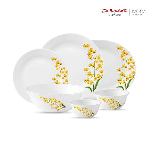 La Opala Diva Ivory Collection Opal Glass Crockery | for Family of 6 | Dinner Set 27 pcs Yellow Grace | Plates & Bowls for Dining | Microwave Safe | 100% Vegetarian | Extra Strong | Light & White