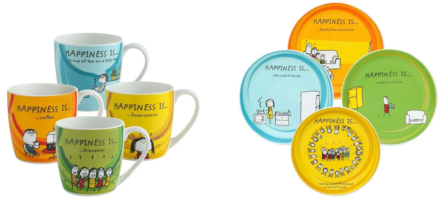 Clay Craft - Happiness is Ceramic Coffee Mugs Alton, Set of 4, 240ml Happiness is Ceramic Mini Snack Plates, Set of 4, 5", Multicolour