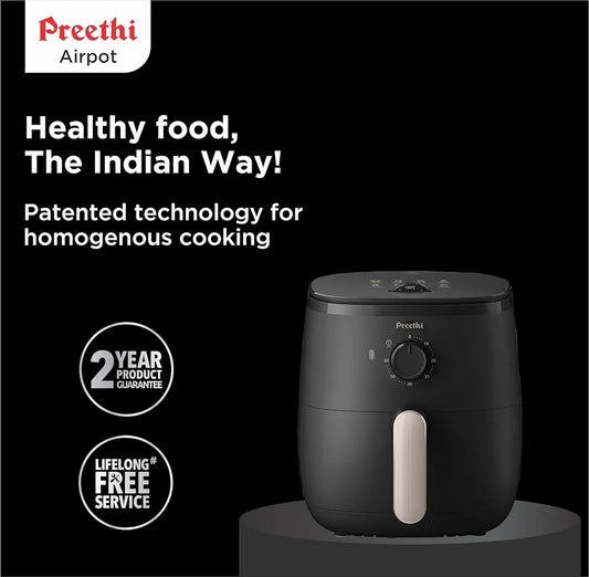 Preethi AIRPOT APT001, uses up to 90% less fat, 1500W, Grill, Bake, Fry, Roast, Reheat, Airfryer for 4-5 people, 90+ Recipes, with Fast Flux Technology , Large 3.7 liter