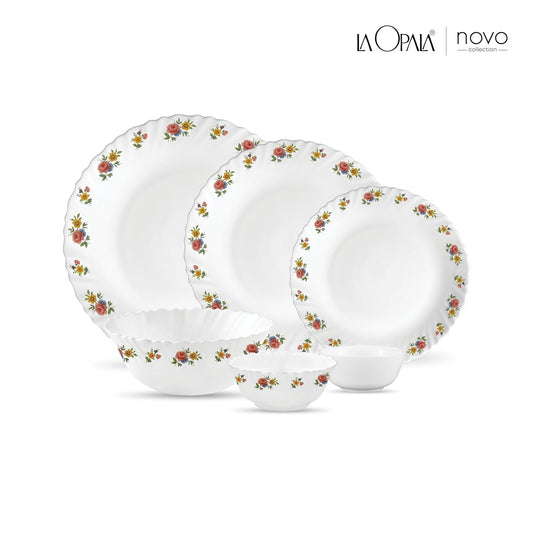 La Opala Novo Collection Opal Glass Crockery | for Family of 6 | Dinner Set 23 pcs Petite Roses | Plates & Bowls for Dining | Microwave Safe | 100% Vegetarian | Extra Strong | Light & White