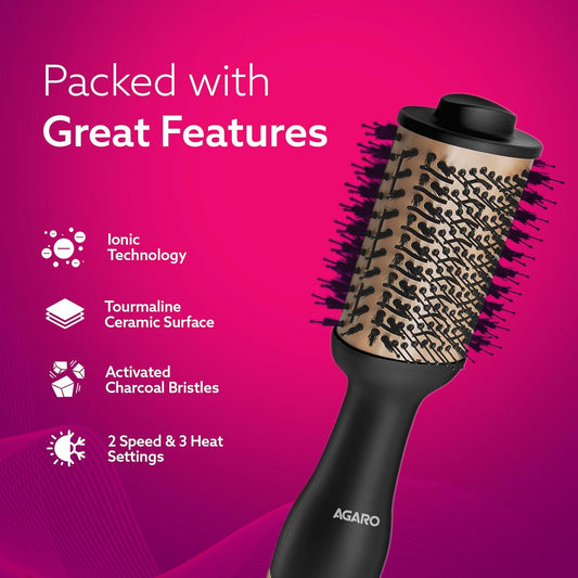 AGARO HV2179 Hot Air Brush for Hair, Blow Dryer Brush, Volumizer & Styler, 360° Airflow Vent, Oval Barrel for Hair Volume, Charcoal Bristles, Ceramic Coating Brushing Head, 1200W, Gold & Black