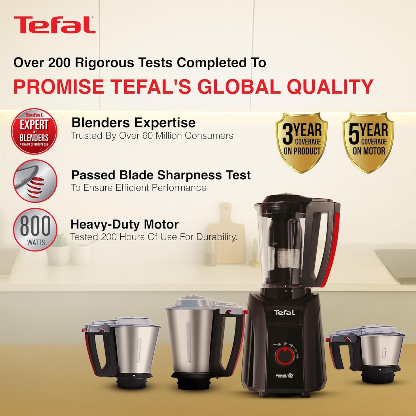 Tefal Puregrind Mixer Grinder, 800W Heavy-Duty Copper Motor, Advanced Lid Jar Interlocking Leakproof Jars | Hands Free Operation | Europe’s No.1 Brand | 3-Year Product Coverage | 5 Year Motor Coverage