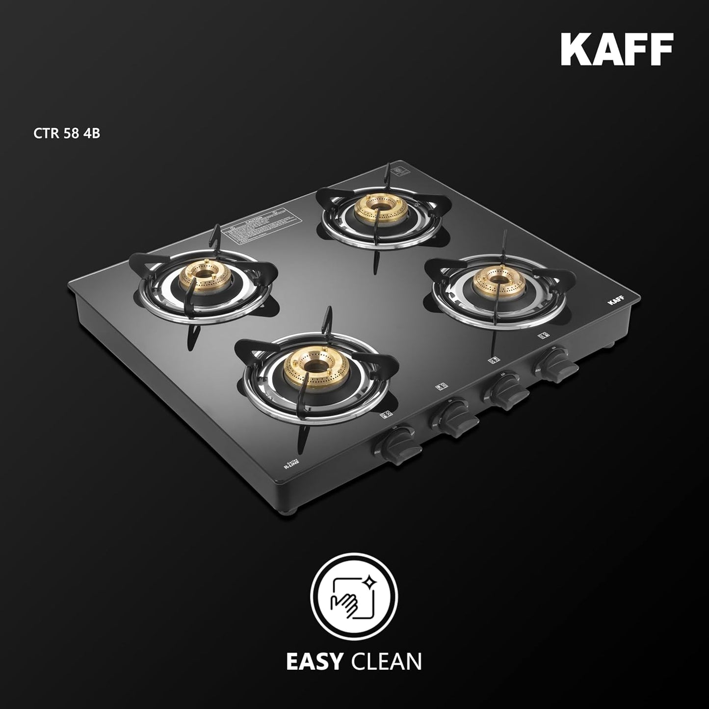KAFF Cooktop | 4 Burners with Slim Line Design 58 CM | High Efficiency Brass Burners, Black Tempered Glass | Matt Enamelled Pan Support | Black | CTR58-4B