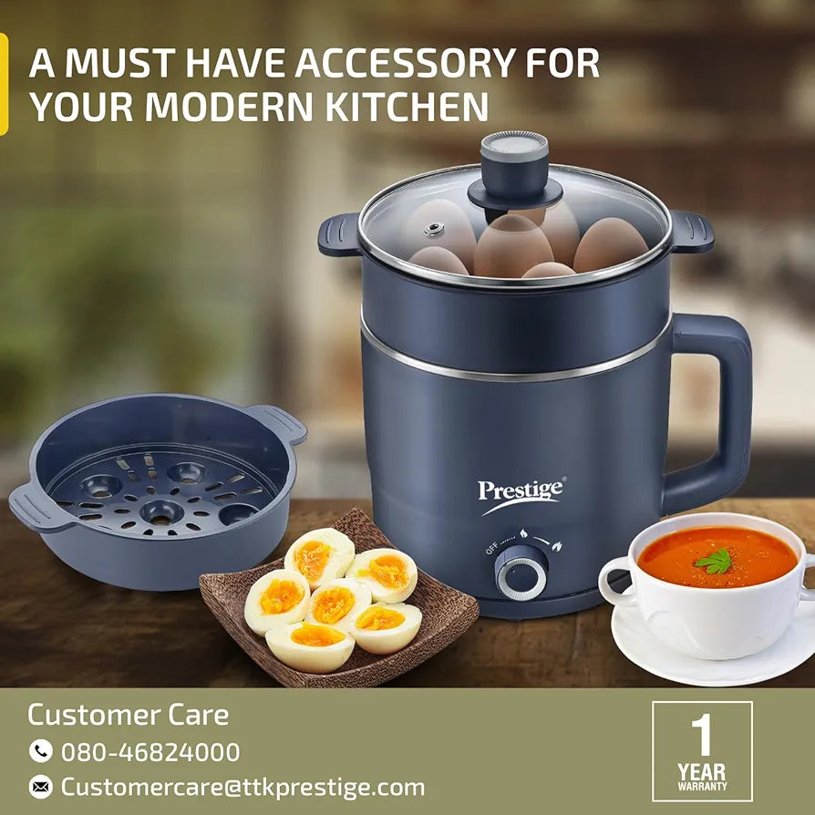 Prestige Multi-Cooker 1.5 Litre with Steamer and Egg Rack | Precise Temperature Control| Elegant Glass Lid| Concealed Element| 360 Degree Swivel| Cool Touch Handle| PMC 4.0