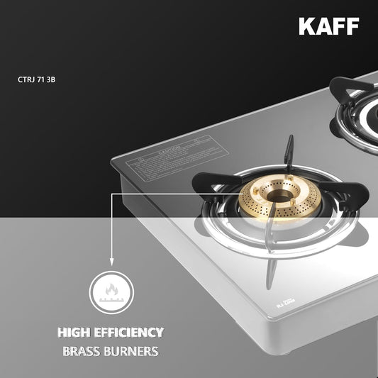 KAFF Cooktop | 3 Burners with Slim Line Design 71 CM | High Efficiency Brass Burners, Black Tempered Glass | Matt Enamelled Pan Support | Black | CTRJ71-3B