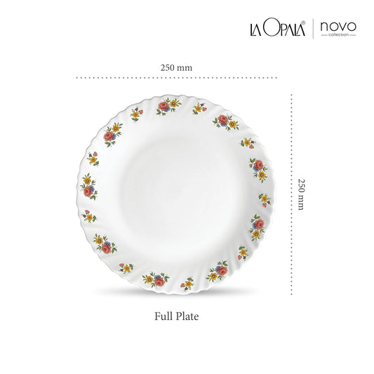 La Opala Novo Collection Opal Glass Crockery | Full Plate Set of 6 | Petite Roses Design | Plates for Dining & Gifting | Microwave Safe | 100% Vegetarian | Extra Strong | Super Light & White