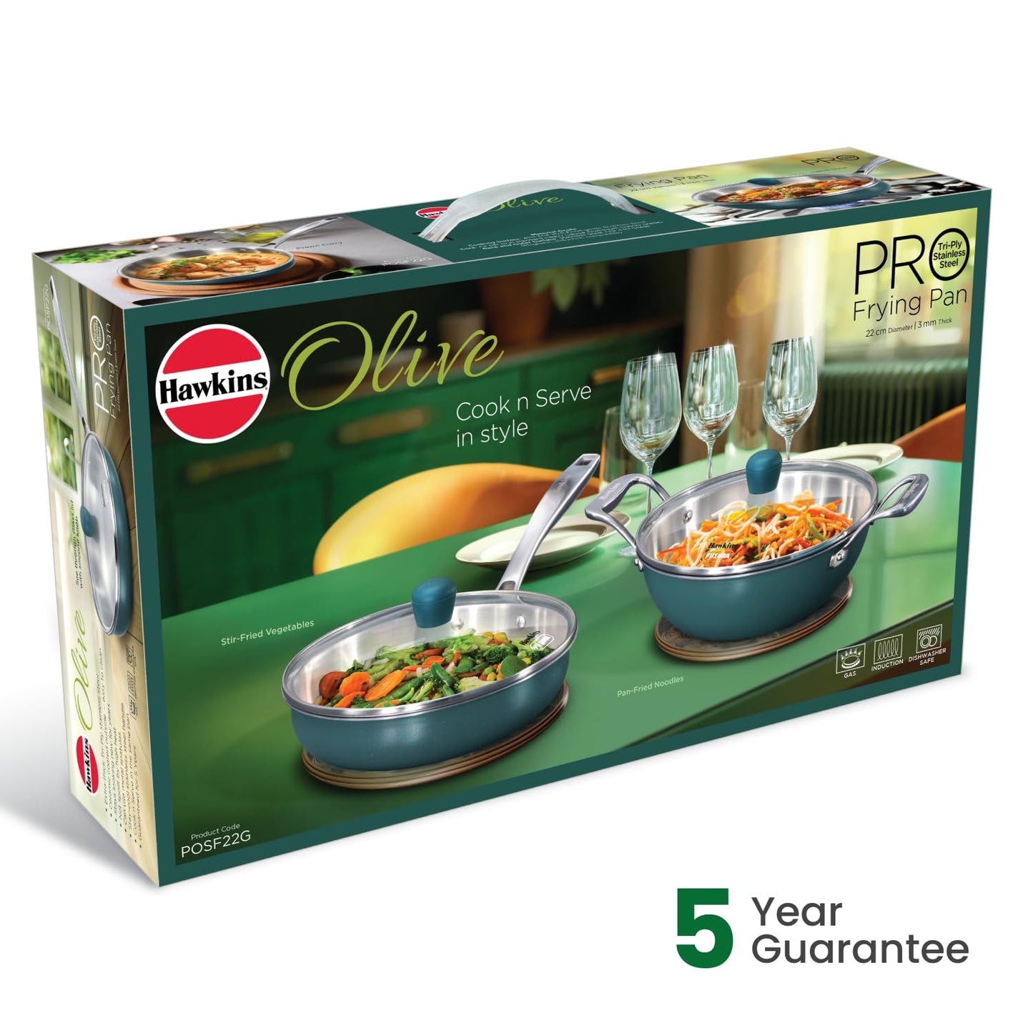 Hawkins Olive Pro 22 cm Frying Pan, Triply Stainless Steel Fry Pan with Stainless Steel Handle and Stainless Steel Lid, Green (POSF22G)