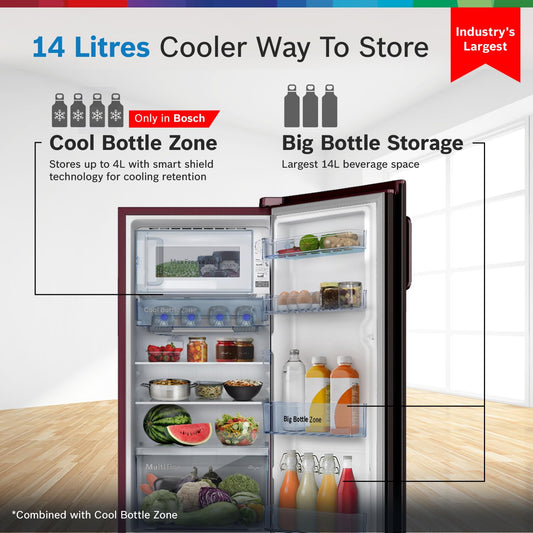 BOSCH 187 L, 3 Star, Single Door Refrigerator with Industry's largest vegetable box* & largest Beverage space (CST18W33NI, Feather Wine) | 18 Hour Cooling Retention, 2.5x Faster Cooling