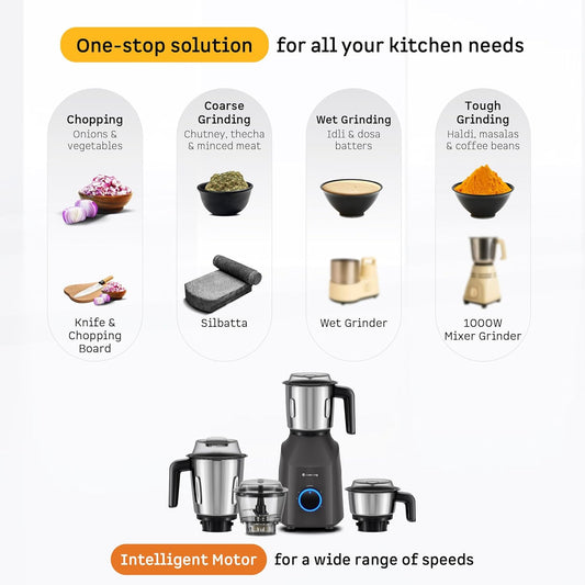 Atomberg Yulia 750 Watt Mixer Grinder | 4 Multipurpose Jars including Chopper Jar | Coarse Mode for Silbatta-like Textures | Powerful Intelligent Motor | Advanced Safety Features | Pebble Grey