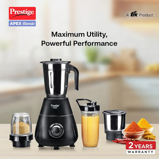Prestige Apex Blendo 500W 4Jars Mixer Grinder|2 Full Size Stainless Steel Jar|2 Nutri-Blend Jar|3 Super Efficient Blades|Black