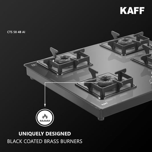 KAFF Gas Stove/Cooktop 4 Burners with Auto Electric Ignition 58 CM, Black Coated Brass Burners, Slim Line Design, Enamelled Pan Support with Integrated Flame Protector (Black) | CTS584BAI |
