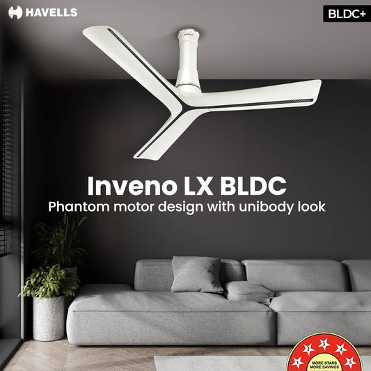 Havells Inveno LX 1200 mm BLDC Ceiling Fan|ABS Aerodyanamic Blades|Telescopic Canopy|Timer,Breeze,Sleep,MOP Modes|Reverse Feature|100% Copper Motor|Free Installation|2 Year Warranty(Matt Pearl White)