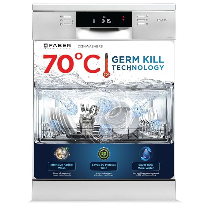 Faber 14 Place Settings Free Standing Dishwasher|8 Wash Programs | LED Display | Adjustable Racks | 3D Wash for Tough Stains | 2Yr Comprehensive Warranty & 10Yr On Cavity | FFSD 8PR 14S, Silver