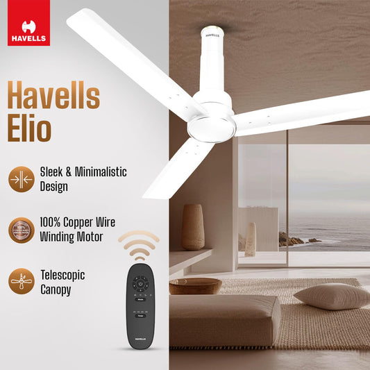 Havells 1200mm Elio BLDC Ceiling Fan | Remote Controlled, High Air Delivery Fan | 5 Star Rated, Upto 60% Energy Saving, 2+1* Year Warranty | (Pack of 1, Elegant White)