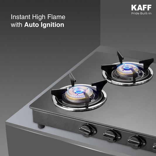 KAFF CTC 69 4B AI Gas Stove/Cooktop 4 Burners with Auto Electric Ignition 69 CM, High Efficiency Brass Burners, Black Tempered Glass, Enamelled Pan Support (Black)