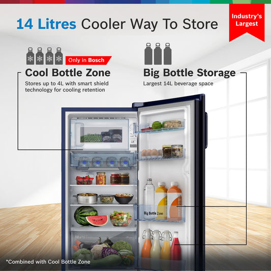 BOSCH 207 L, 4 Star Single Door Refrigerator with Industry's largest vegetable box* & Beverage space (CST20B34NI, Feather Blue| 18 Hr Cooling Retention, 2.5x Faster Cooling, Smart inverter compressor