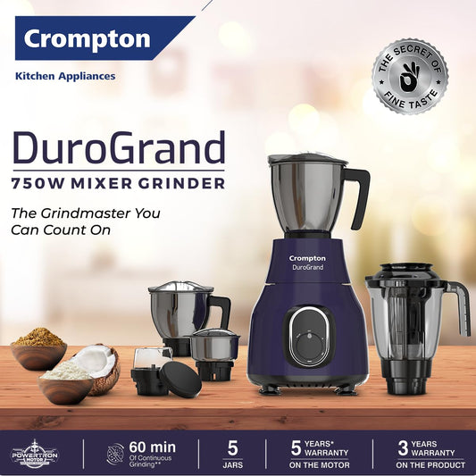 Crompton Duro Grand 750W Powertron Motor | 5 Jars | Grind and store jar, Stainless steel jars and Blender jar with fruit filter | 2 in 1 Application | 5y on Motor and 3y on Product