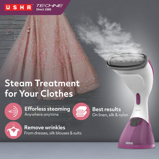 USHA Techne Direct 1000 Garment Steamer- Vertical Steaming, 920 Watts, Up To 21 G/Min (Purple & White)