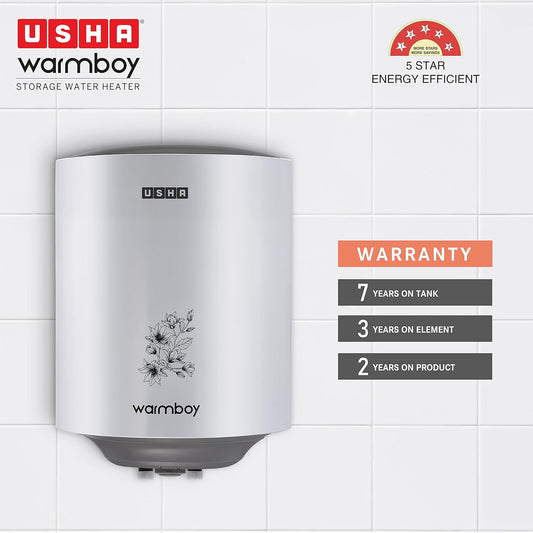 Usha Warmboy 15 Litre Storage Wall Water Heater (White)