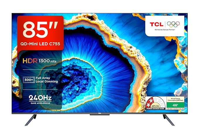 TCL 215 cm (85 inches) 4K Ultra HD Smart QD-Mini LED Google TV 85C755 (Black)