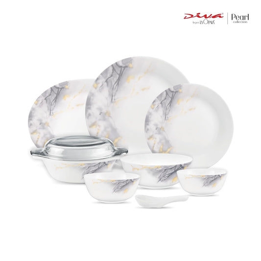 Diva by La Opala, Pearl Collection, Opal Glass Dinner Set 47 pcs, Twilight Clouds, White
