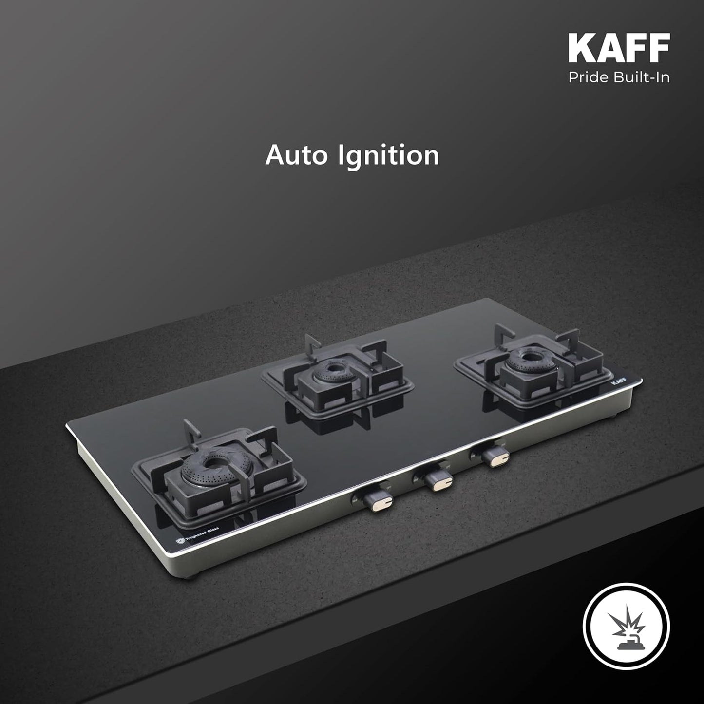 KAFF Gas Stove/Cooktop 3 Burners 77 CM, Black Coated Brass Burners With Auto Electric Ignition, Decorative SS Moulded Strip on All Sides for Edge Protection Black | CTQ773BAI