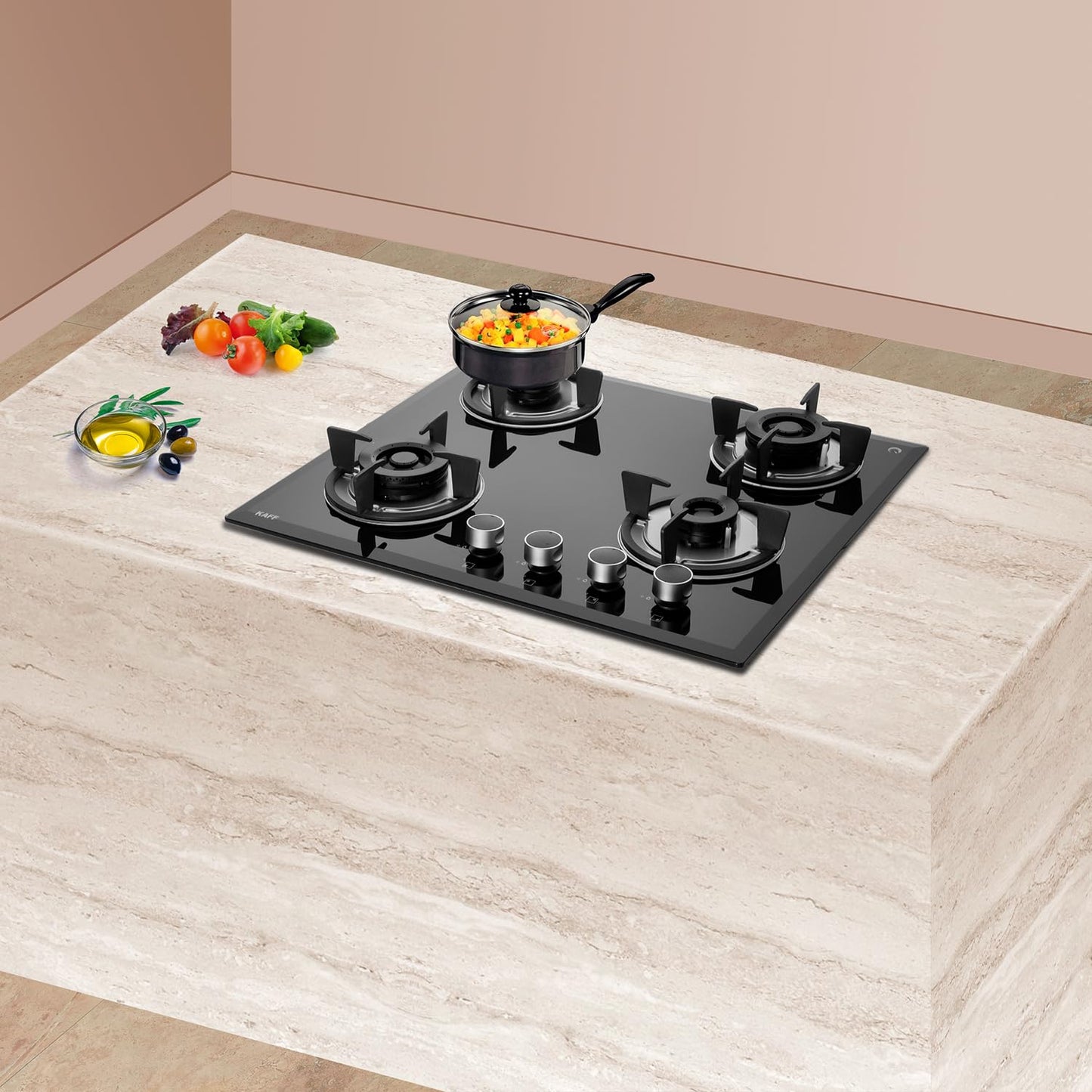 KAFF FBB 604 Built-in Hob/Hobtop 4 Burners, Auto Electric Ignition Glass Top, 60 CM, Full Brass Burner, 8 MM Thick Toughened Glass Bevelled Black Tempered Glass (Black)