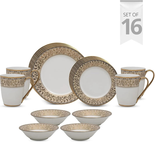 Clay Craft Fine Ceramic Ebony Dinner Set, Enchanting Gold, for Family of 4, Dinner Set Ceramic, Crockery Set, Dining Set for Dinner, Crockery Set for Gift, Kitchen Set (16 Pieces, E649)