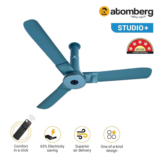 atomberg Studio+ 1200mm BLDC Ceiling Fan with Remote Control | BEE 5 star Rated Energy Efficient Ceiling Fan | High Air Delivery with LED Indicators | 2+1 Year Warranty (Aegean Blue)