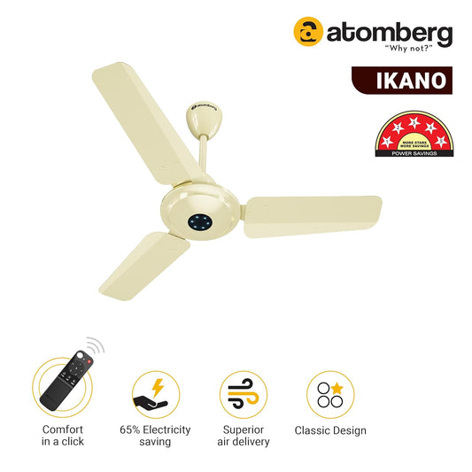 atomberg Ikano 900mm BLDC Ceiling Fan with Remote Control | BEE 5 star Rated Energy Efficient Ceiling Fan | High Air Delivery with LED Indicators | 3 Year Warranty (Gloss Ivory)