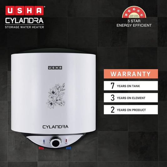 Usha Cylandra 25 Litre Storage Water Heater With Free Installation (White), Wall Mounting