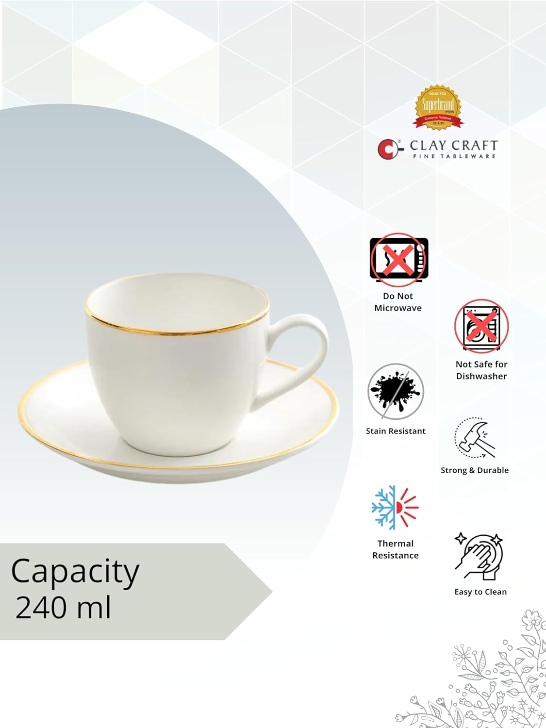 Clay Craft Fine Ceramic Premium Gold Line Printed Cup and Saucer Set of 12 | Capicity 240 ml Each