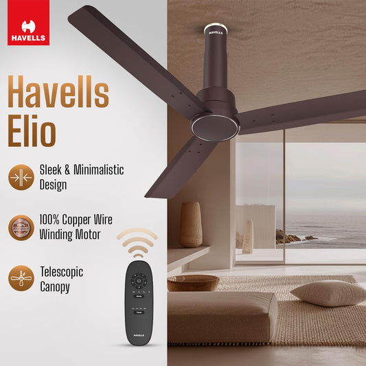 Havells 1200mm Elio BLDC Ceiling Fan | Remote Controlled, High Air Delivery Fan | 5 Star Rated, Upto 60% Energy Saving, 2+1* Year Warranty | (Pack of 1, Brown)
