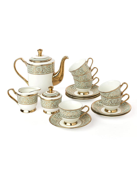 Clay Craft Fine Ceramic Golden Print Tea Set of 15 (1 Tea Pot with Lid +6 Cups+6 Saucers +1 Milk Pot + 1 Sugar Pot)