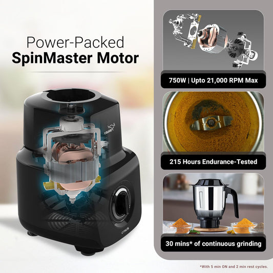 V-Guard Citius 750 Watt Juicer Mixer Grinder (New Launch) |3 Year Motor Coverage by V-Guard | 4 Jars | Juicer, Wet, Chutney & Dry| Sturdy Juicer Jar | Precision Blend SS Blades | Black