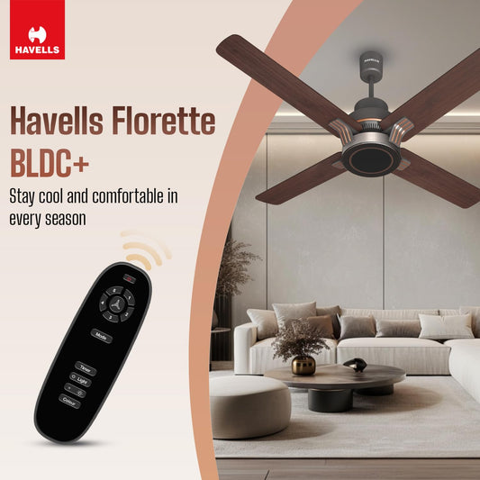 Havells 1320Mm Florette Bldc Motor Ceiling Fan|Remote Controlled, High Air Delivery Fan|5 Stars Rated, Upto 60% Energy Saving, 2 Year Warranty|(Pack Of 1, Smoke Brown Wood)