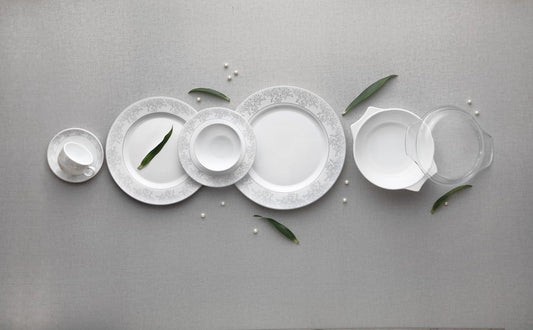 La Opala Diva Velvett Collection Opal Glass Crockery | for Family of 8 | Dinner Set 62 pcs Aria Grey | Plates & Bowls for Dining | Microwave Safe | 100% Vegetarian | Extra Strong | Light & White