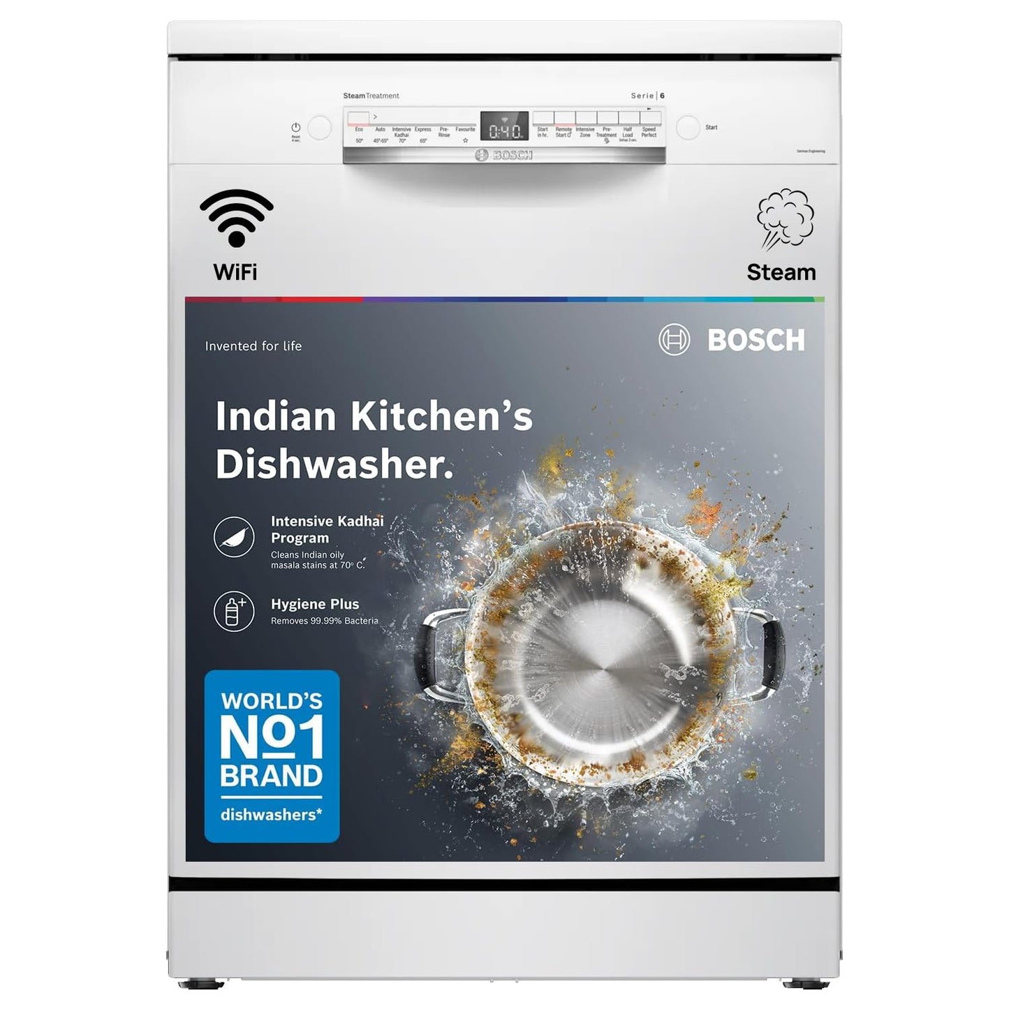 Bosch 13 Place Setting Dishwasher with Intensive Kadhai Program, No Pre-Rinse, 70⁰ Hot water wash, Half Load Option & Extra Cutlery Box - (SMS66GW01I, White, Glass Protection Technology)