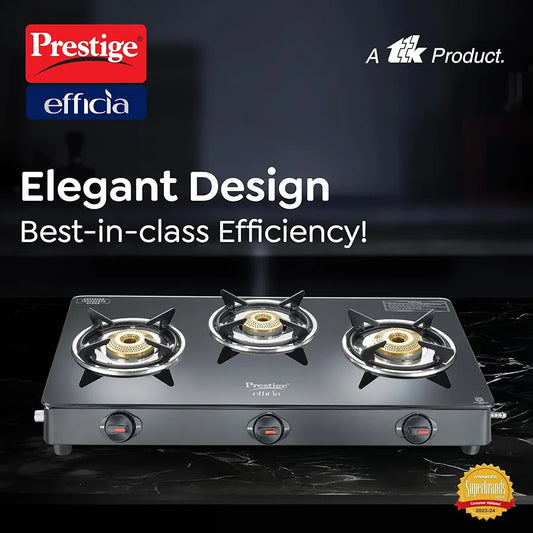 Prestige Efficia LP Open Gas Stove with Powder-Coated Body, Glass Top & 3 Brass Burners