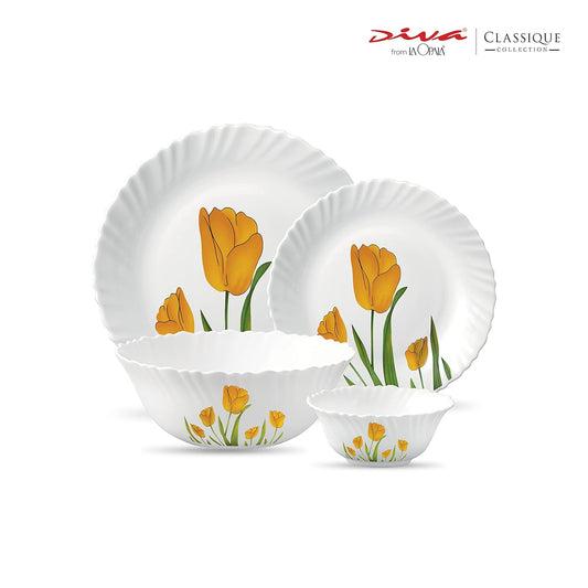 La Opala Diva Classique Collection Opal Glass Crockery | for Family of 6 | Dinner Set 19 pcs Tulip Passion | Plates & Bowls for Dining | Microwave Safe | 100% Vegetarian | Extra Strong | White