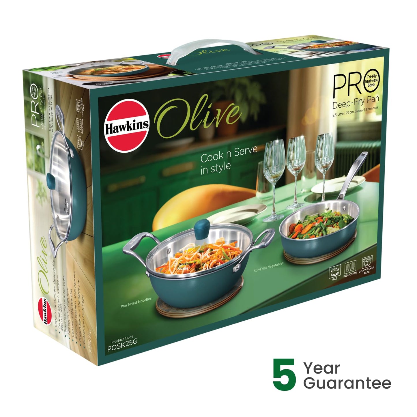 Hawkins Olive Pro 2.5 Litre Deep-Fry Pan, Triply Stainless Steel Kadhai with Stainless Steel Handles and Glass Lid, Green (POSK25G)