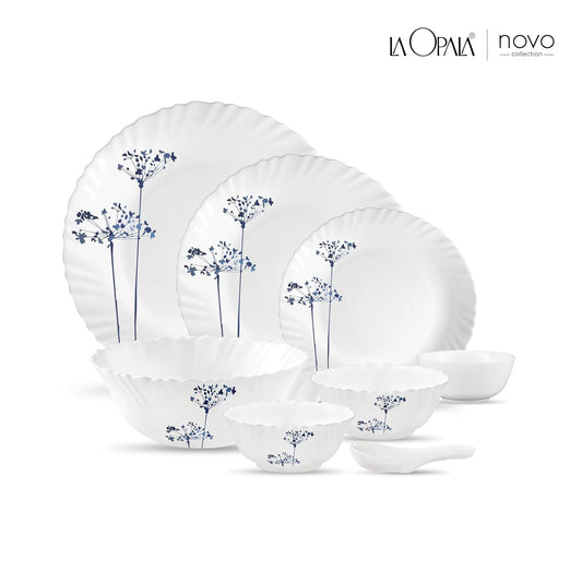 La Opala Novo Collection Opal Glass Crockery | for Family of 6 | Dinner Set 35 pcs Aqua Spray | Plates & Bowls for Dining | Microwave Safe | 100% Vegetarian | Extra Strong | Light & White
