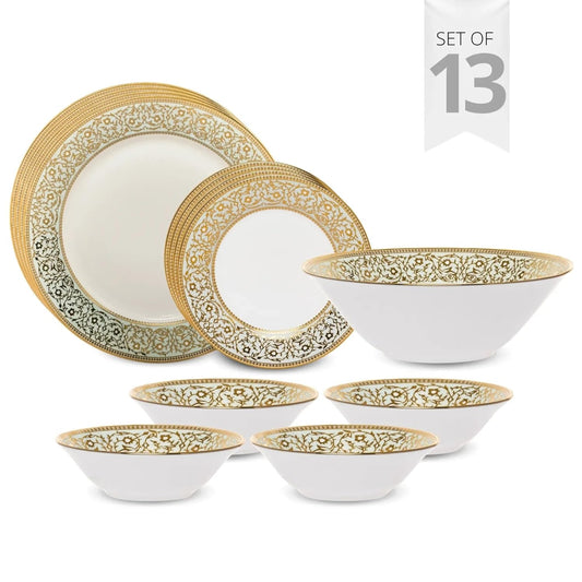 Clay Craft Fine Ceramic Ebony Dinner Set, Enchanting Gold, for Family of 4, Dinner Set Ceramic, Crockery Set, Dining Set for Dinner, Crockery Set for Gift, Kitchen Set (13 Pieces, E647)